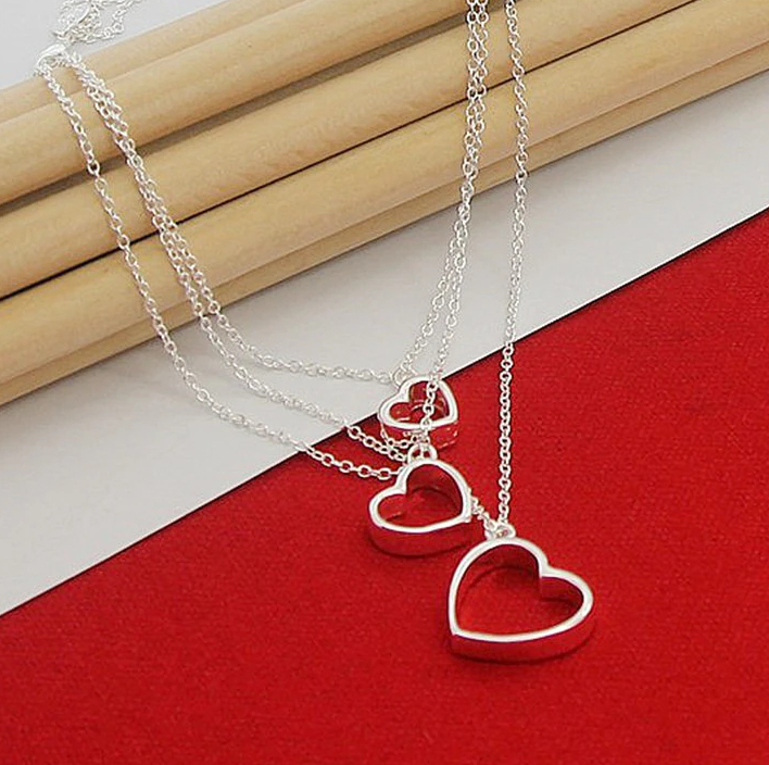Victoria's Vogue 925 Sterling Silver Three Hearts Pendant Necklace For Women Wedding Engagement Party Jewelry