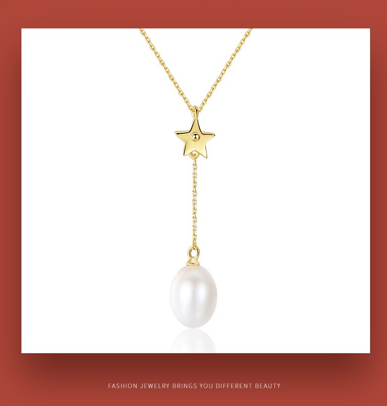 Victoria's Vogue Genuine 925 Silver Necklace Natural Freshwater Pearl Pentagonal Pendant Necklace Clavicular Chain Women Jewelry Gift