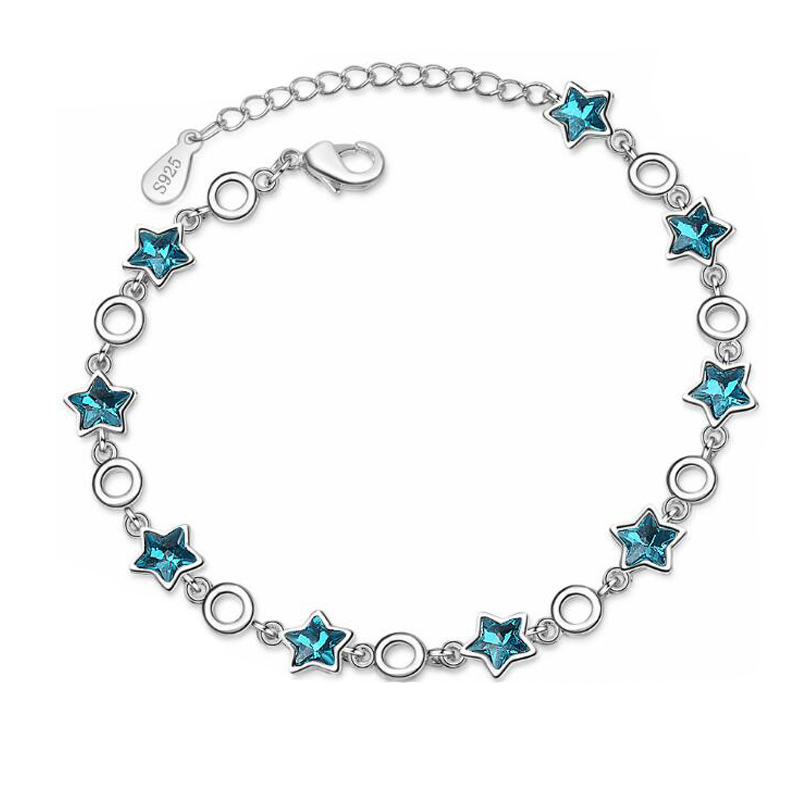 Victoria's Vogue 100% Original 925 Sterling Silver Blue Crystal Stars Chain Bracelet Sweet Pentagram Charms Bracelet For Women