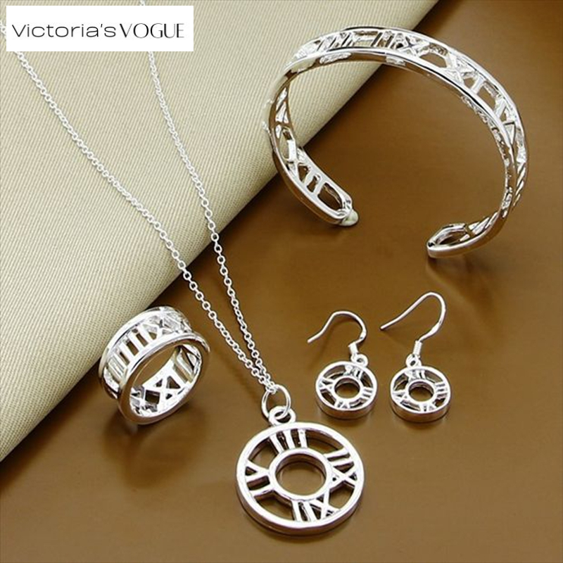 Victoria's Vogue 925 Sterling Silver Roman Numerals Earring Bangle Necklace Ring Set For Woman Wedding Engagement Fashion Charm Jewelry