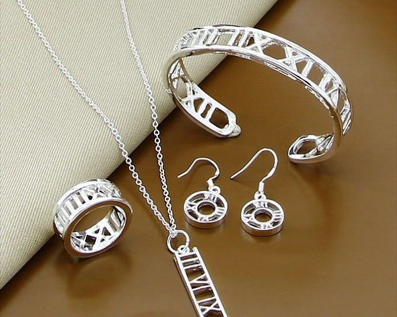 Victoria's Vogue 925 Sterling Silver Roman Numerals Earring Necklace Bangle Ring Set For Woman Wedding Engagement Party Charm Jewelry