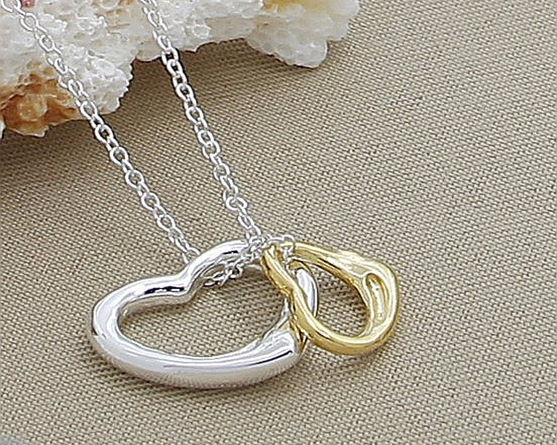 Victoria's Vogue 925 Sterling Silver Gold Double Heart Pendant Necklace 18 Inch Chain For Women Wedding Engagement Fashion Charm Jewelry