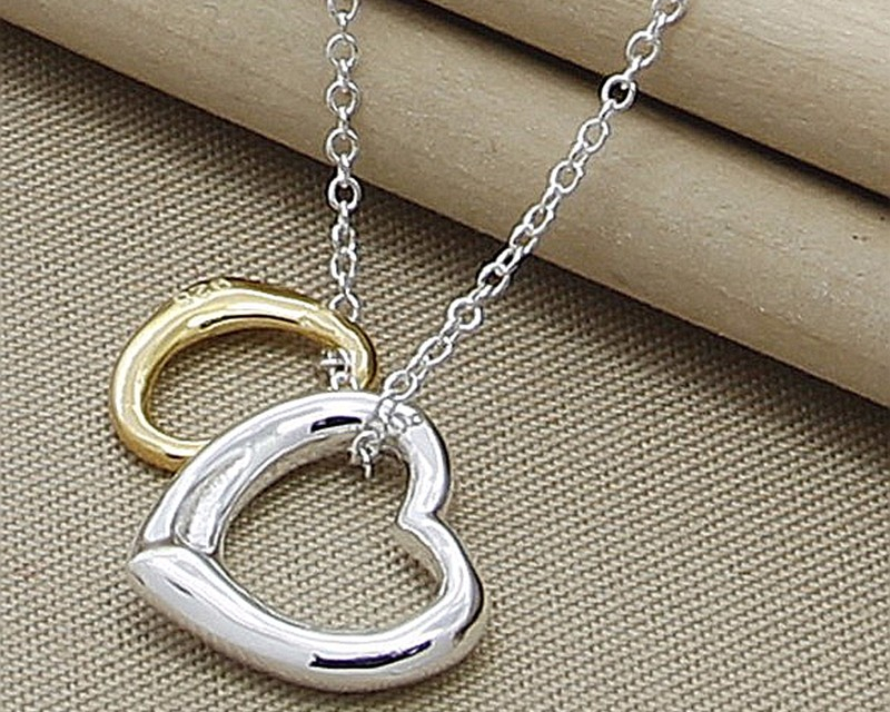 Victoria's Vogue 925 Sterling Silver Gold Double Heart Pendant Necklace 18 Inch Chain For Women Wedding Engagement Fashion Charm Jewelry