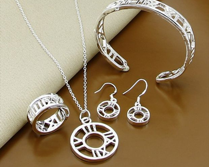 Victoria's Vogue 925 Sterling Silver Roman Numerals Earring Bangle Necklace Ring Set For Woman Wedding Engagement Fashion Charm Jewelry