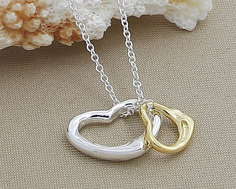 Victoria's Vogue 925 Sterling Silver Gold Double Heart Pendant Necklace 18 Inch Chain For Women Wedding Engagement Fashion Charm Jewelry