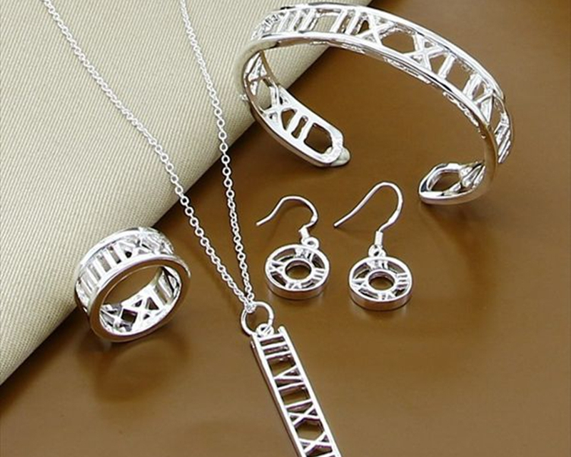 Victoria's Vogue 925 Sterling Silver Roman Numerals Earring Necklace Bangle Ring Set For Woman Wedding Engagement Party Charm Jewelry