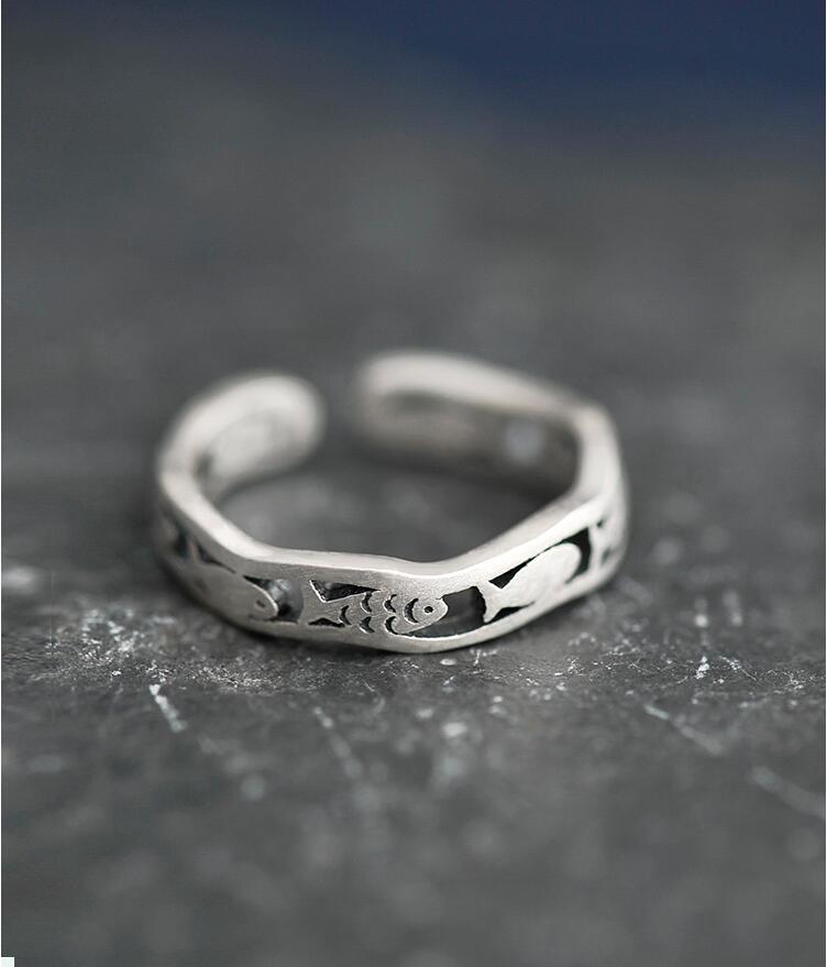 Victoria's Vogue New Arrival Personality Creative National 925 Sterling Silver Jewelry Auspicious Fish Hollow Opening Rings