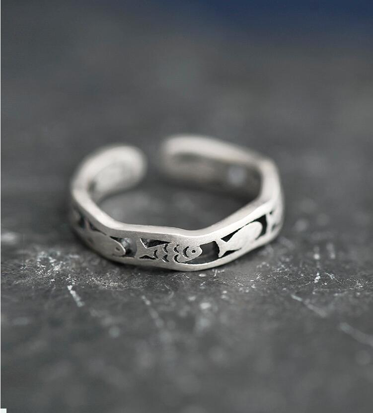 Victoria's Vogue New Arrival Personality Creative National 925 Sterling Silver Jewelry Auspicious Fish Hollow Opening Rings