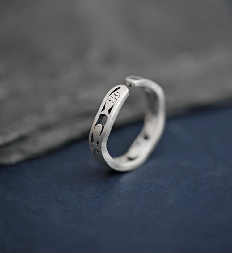Victoria's Vogue New Arrival Personality Creative National 925 Sterling Silver Jewelry Auspicious Fish Hollow Opening Rings