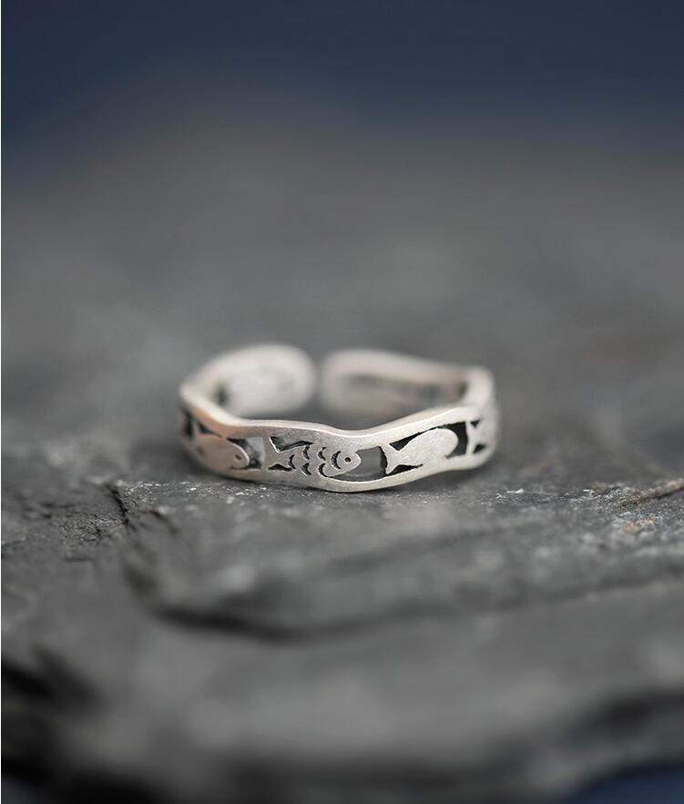 Victoria's Vogue New Arrival Personality Creative National 925 Sterling Silver Jewelry Auspicious Fish Hollow Opening Rings
