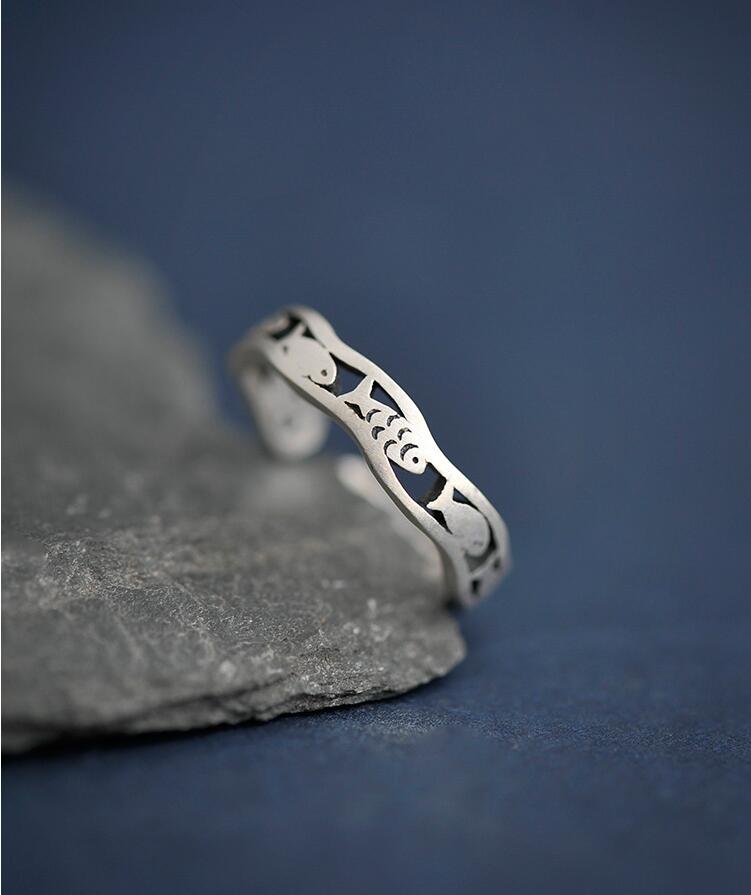 Victoria's Vogue New Arrival Personality Creative National 925 Sterling Silver Jewelry Auspicious Fish Hollow Opening Rings