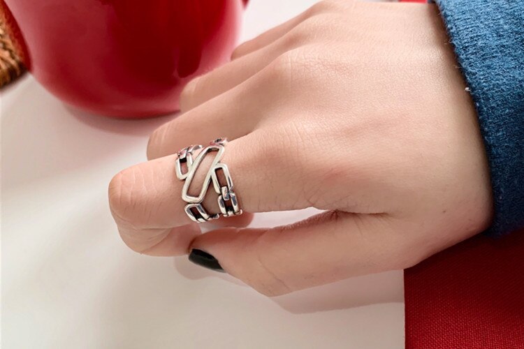 Victoria's Vogue New Personality Wide-faced Chain 925 Sterling Silver Jewelry Irregular Exquisite Geometric Hollow Opening Rings