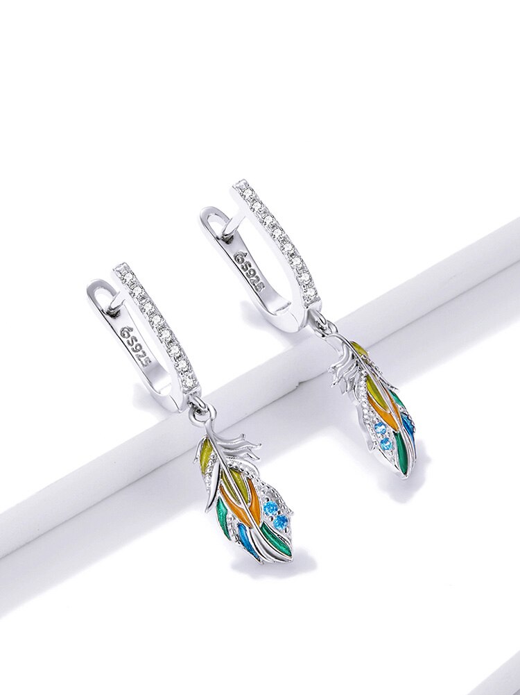 Victoria's Vogue Silver Colored Feather Earring 925 Sterling Silver Colorful  Unique Ear Buckles Women Jewelry 2021 Original Design