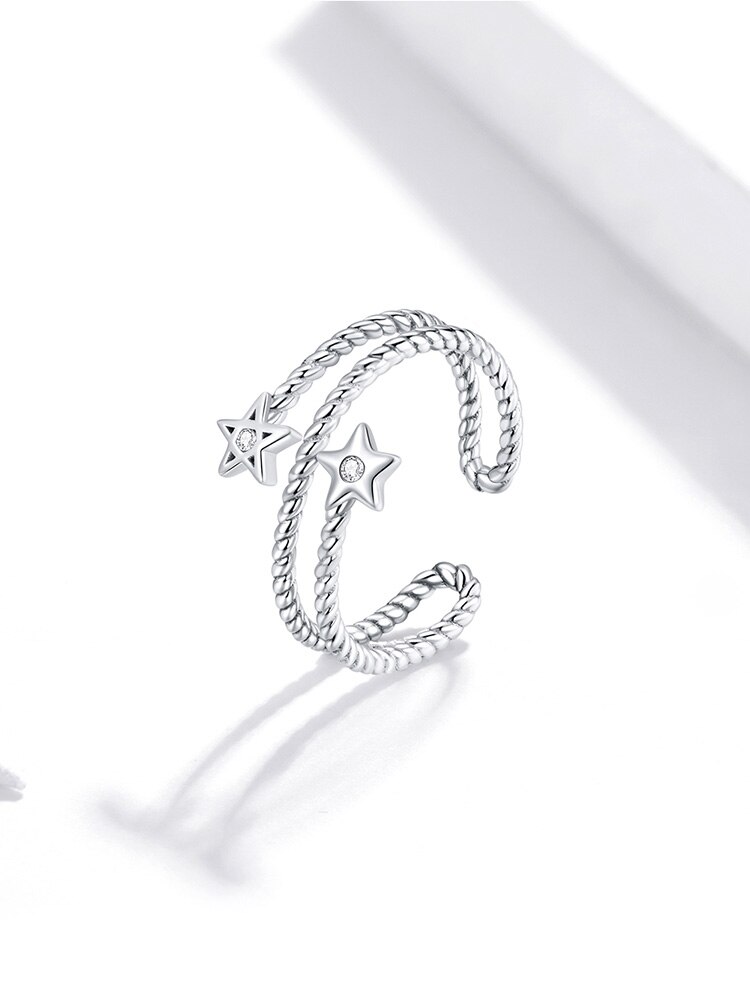Victoria's Vogue Two-star Open Ring for Girl 925 Sterling Silver Flowing Line Adjustable Finger Ring Women Statement  Party Jewelry