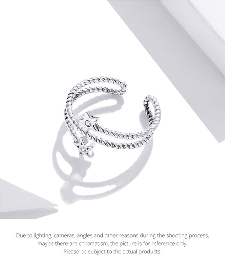 Victoria's Vogue Two-star Open Ring for Girl 925 Sterling Silver Flowing Line Adjustable Finger Ring Women Statement  Party Jewelry
