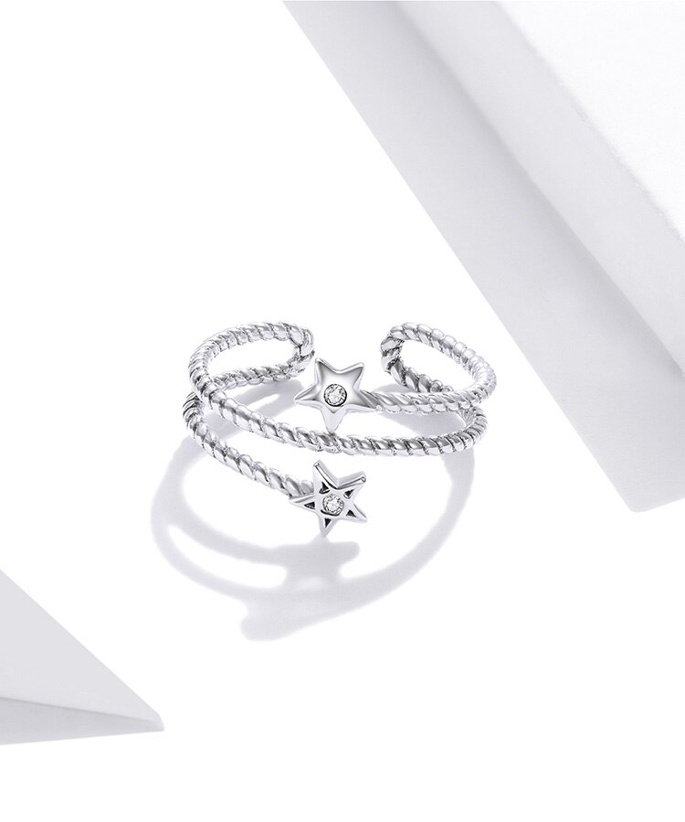 Victoria's Vogue Two-star Open Ring for Girl 925 Sterling Silver Flowing Line Adjustable Finger Ring Women Statement  Party Jewelry