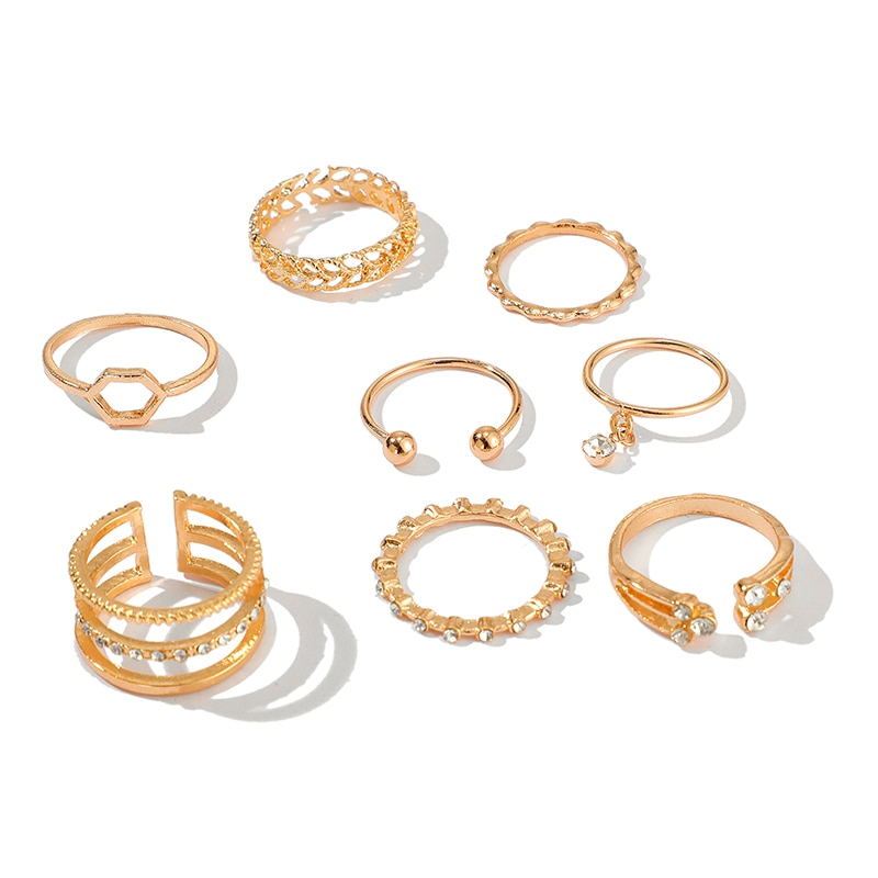 vicvogue 8pcs/sets Bohemian Geometric Rings Sets Clear Crystal Stone Gold Chain Opening Rings for Women Jewelry Accessories