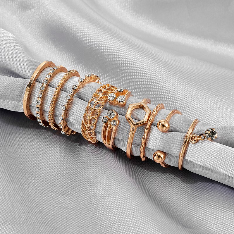 vicvogue 8pcs/sets Bohemian Geometric Rings Sets Clear Crystal Stone Gold Chain Opening Rings for Women Jewelry Accessories