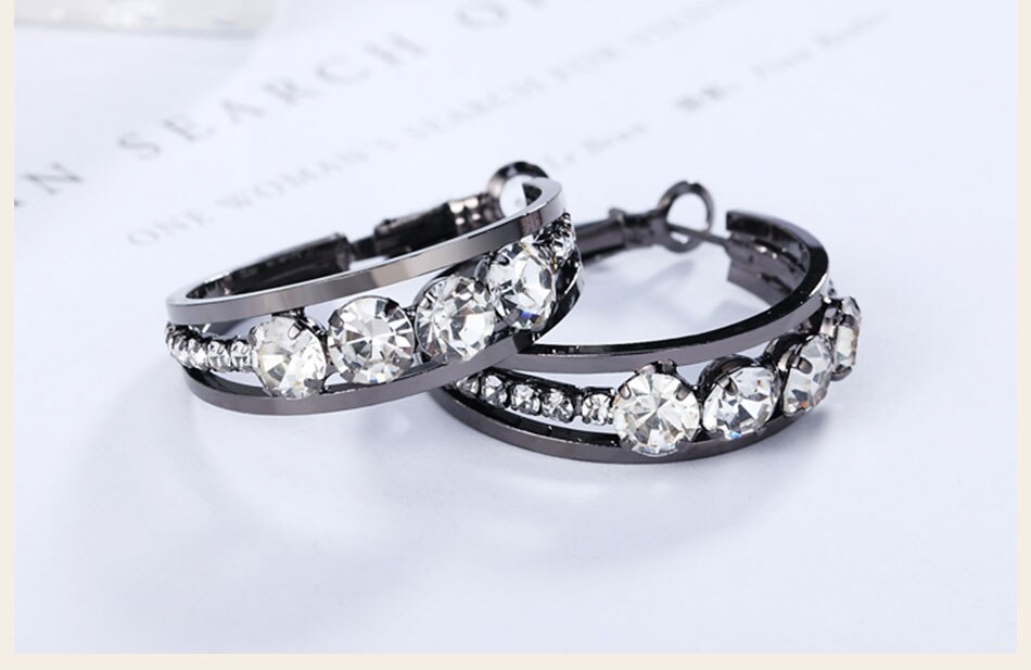 Victoria's Vogue 925 Sterling Silver Gold Black Geometric Rhombus AAA Zircon 31mm Round Earrings Women Wedding Charm Fashion Jewelry