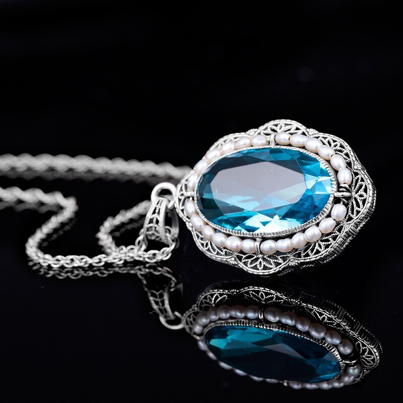 Victoria's vogue Fashion authentic 925 sterling silver crystal necklace pendant vintage big aquamarine stone natural pearl women handmade pendant