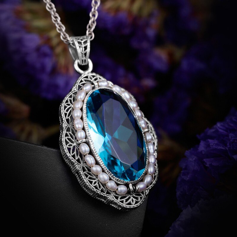 Victoria's vogue Fashion authentic 925 sterling silver crystal necklace pendant vintage big aquamarine stone natural pearl women handmade pendant