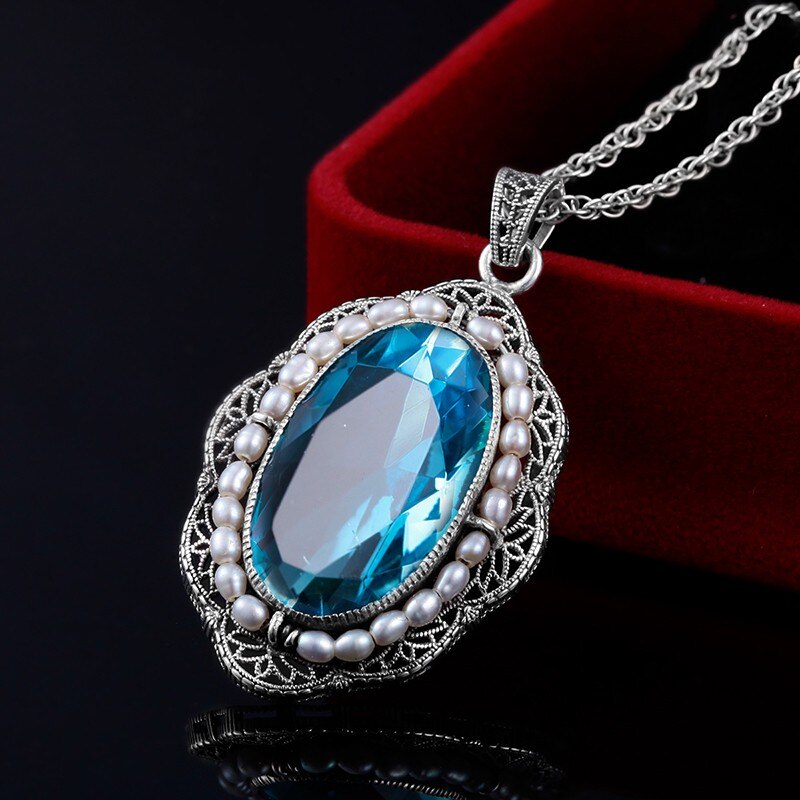 Victoria's vogue Fashion authentic 925 sterling silver crystal necklace pendant vintage big aquamarine stone natural pearl women handmade pendant