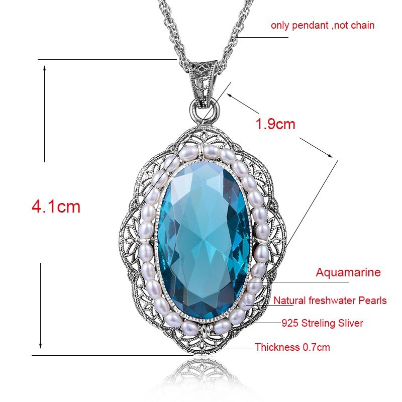 Victoria's vogue Fashion authentic 925 sterling silver crystal necklace pendant vintage big aquamarine stone natural pearl women handmade pendant