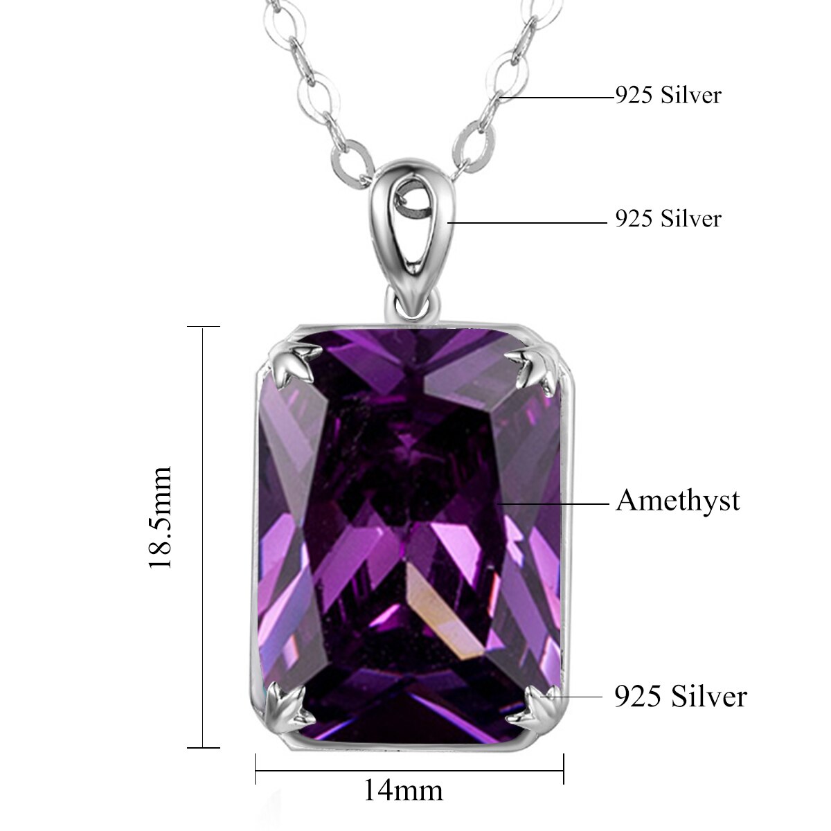Victoria's Vogue Silver Pendant 925 Amethyst Pendants Necklaces Real 925 Sterling Silver Rectangle Gemstone Fashion Statement Women Fine Jewelry
