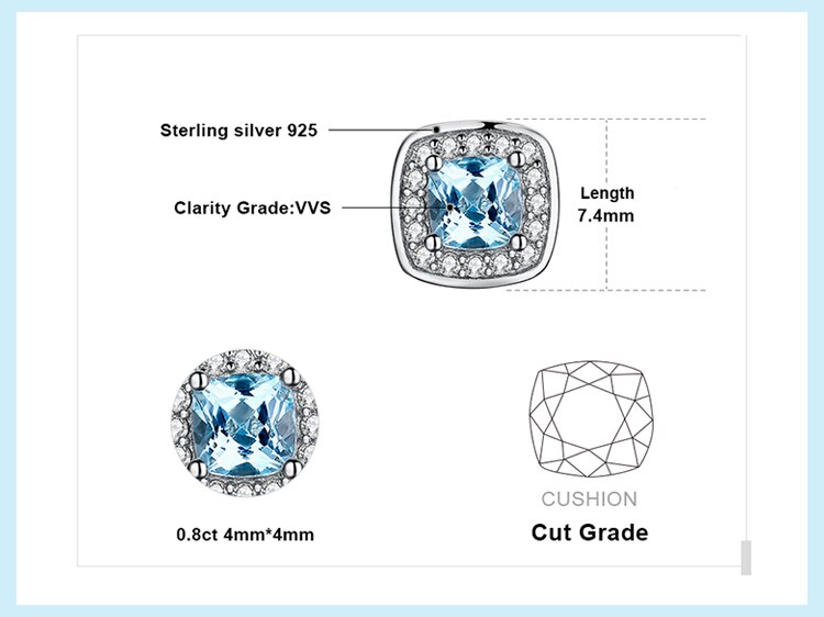 Victoria's Vogue Cushion Genuine Sky Blue Topaz Stud Earrings 925 Sterling Silver Earrings For Women Korean Earings Fashion Jewelry