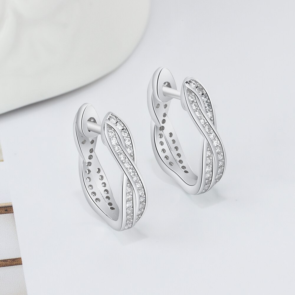 Victoria's vogue Classic Real 925 Sterling Silver Hoop Earrings Cubic Zirconia Twisted Earrings for Women Silver 925 Fine Jewelry