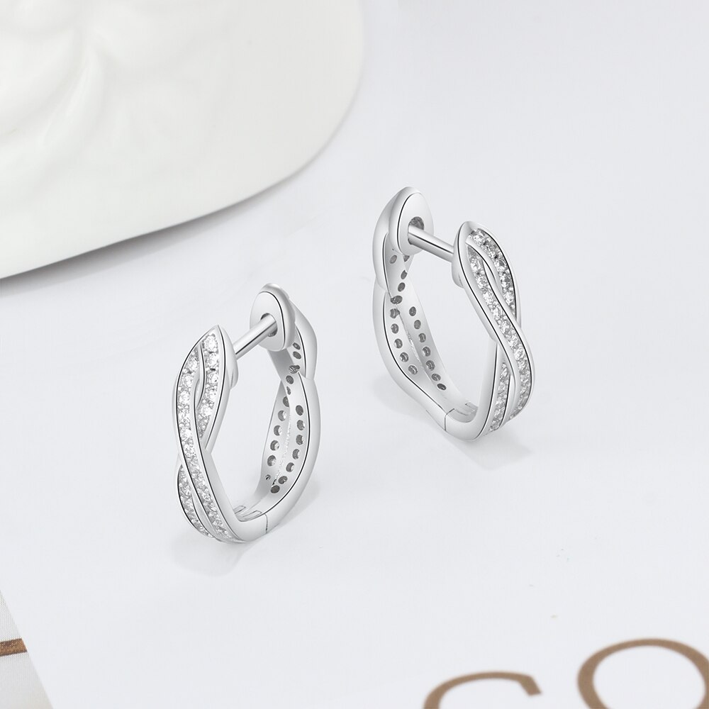 Victoria's vogue Classic Real 925 Sterling Silver Hoop Earrings Cubic Zirconia Twisted Earrings for Women Silver 925 Fine Jewelry