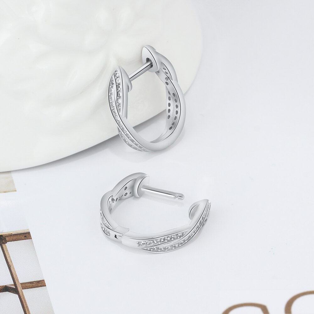 Victoria's vogue Classic Real 925 Sterling Silver Hoop Earrings Cubic Zirconia Twisted Earrings for Women Silver 925 Fine Jewelry