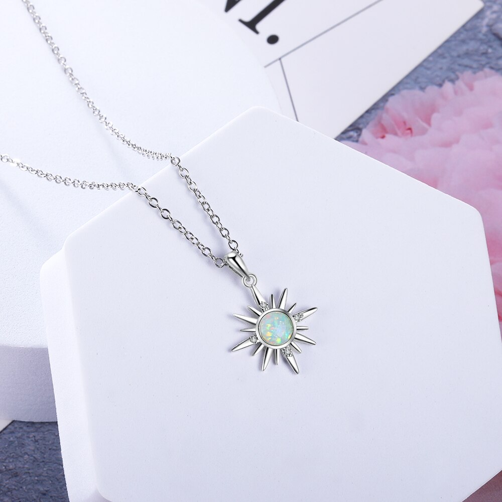 Victoria's Vogue Luxury 925 Sterling Silver Sun Pendant Necklace White Fire Opal Necklace with Zircon Women Necklaces Jewelry