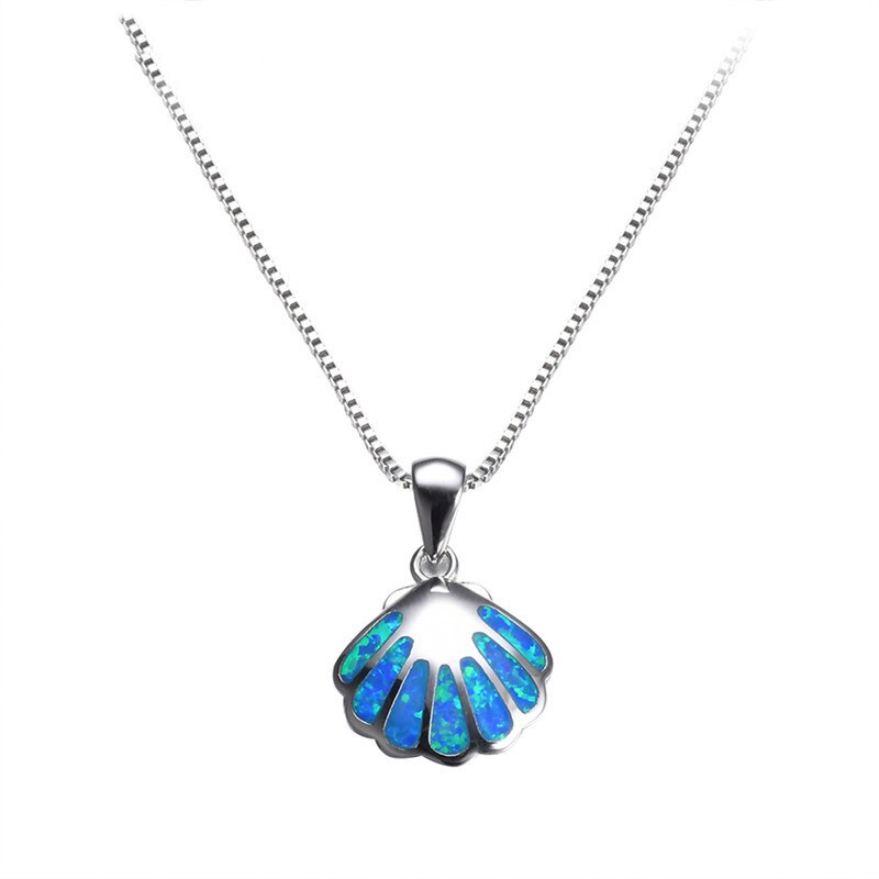 Victoria's Vogue 925 Sterling Silver Cute Shell Pendant Necklaces For Women Wedding Jewelry Blue Fire Opal Stone Female Summer Beach Necklaces