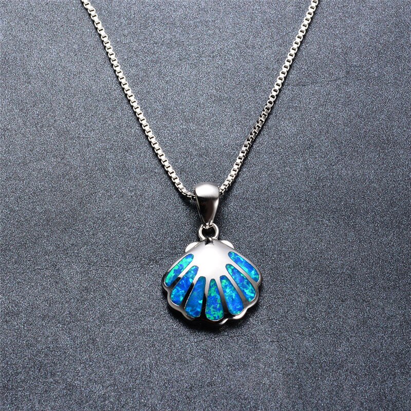Victoria's Vogue 925 Sterling Silver Cute Shell Pendant Necklaces For Women Wedding Jewelry Blue Fire Opal Stone Female Summer Beach Necklaces