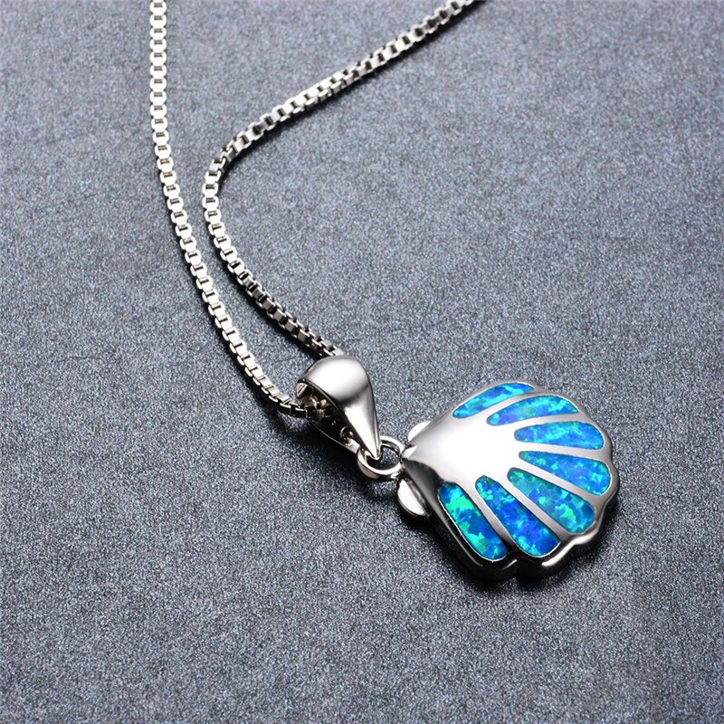 Victoria's Vogue 925 Sterling Silver Cute Shell Pendant Necklaces For Women Wedding Jewelry Blue Fire Opal Stone Female Summer Beach Necklaces