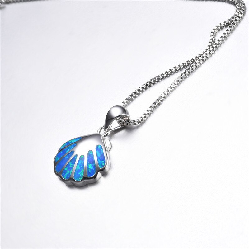 Victoria's Vogue 925 Sterling Silver Cute Shell Pendant Necklaces For Women Wedding Jewelry Blue Fire Opal Stone Female Summer Beach Necklaces