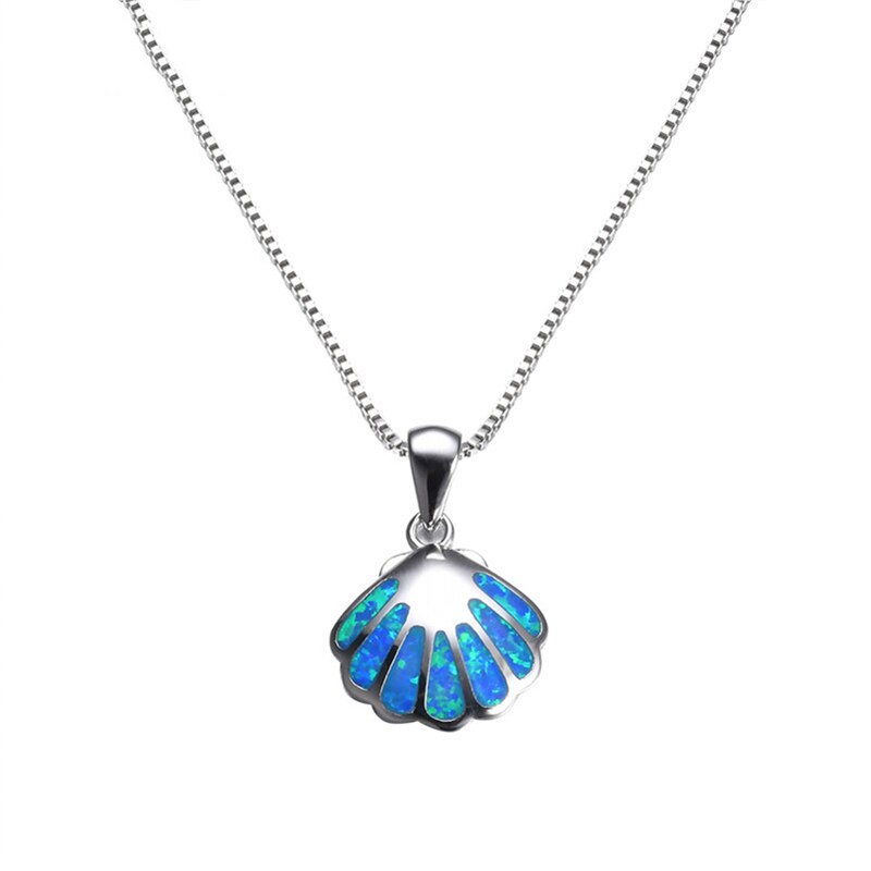 Victoria's Vogue 925 Sterling Silver Cute Shell Pendant Necklaces For Women Wedding Jewelry Blue Fire Opal Stone Female Summer Beach Necklaces