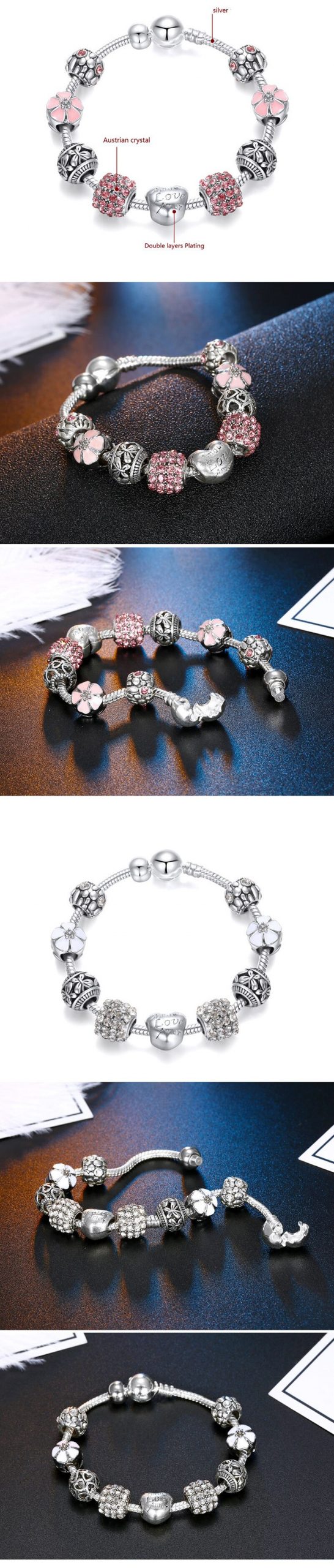 Victoria's Vogue Original 925 Silver Four Leaf Clover Bracelet with Crystal Beads Charm Bracelet Bangle for Women Victoria's Vogue Original 925 Silver Four Leaf Clover Bracelet with Crystal Beads Charm Bracelet Bangle for Women