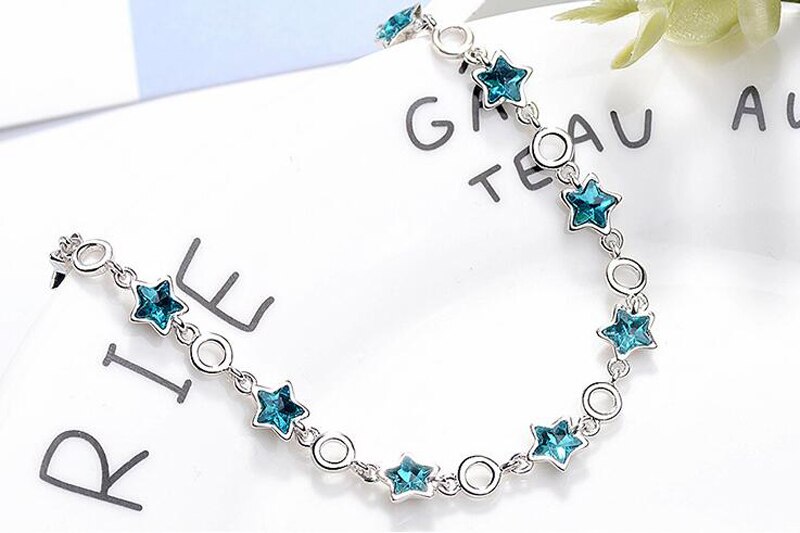 Victoria's Vogue 100% Original 925 Sterling Silver Blue Crystal Stars Chain Bracelet Sweet Pentagram Charms Bracelet For Women