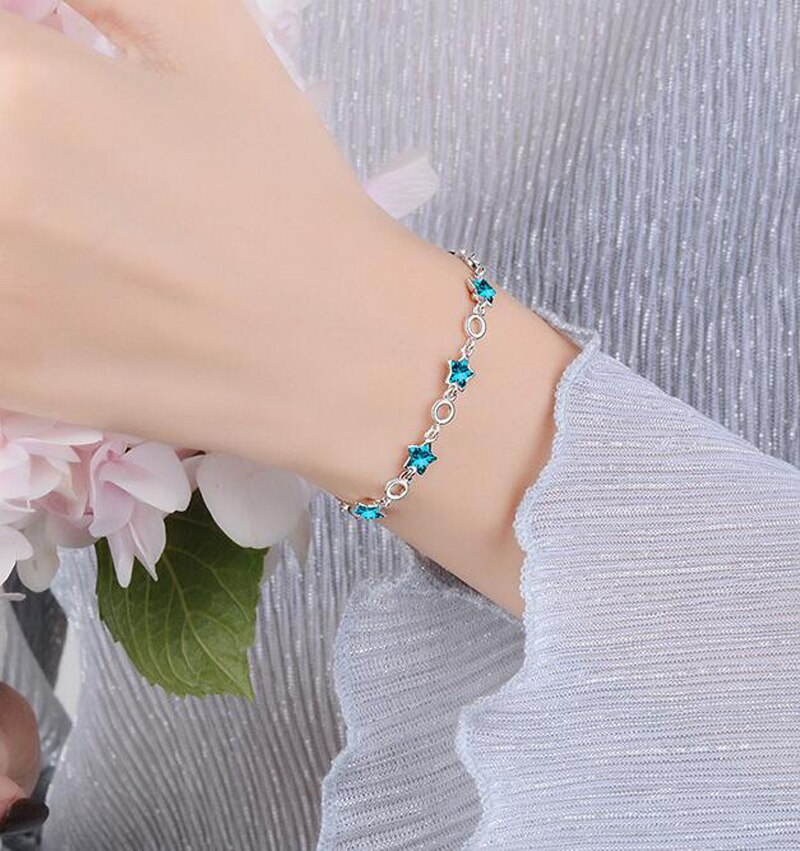 Victoria's Vogue 100% Original 925 Sterling Silver Blue Crystal Stars Chain Bracelet Sweet Pentagram Charms Bracelet For Women