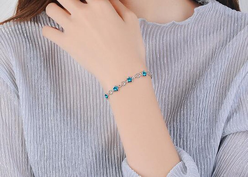 Victoria's Vogue 100% Original 925 Sterling Silver Blue Crystal Stars Chain Bracelet Sweet Pentagram Charms Bracelet For Women