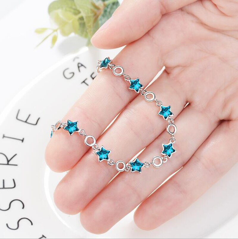 Victoria's Vogue 100% Original 925 Sterling Silver Blue Crystal Stars Chain Bracelet Sweet Pentagram Charms Bracelet For Women