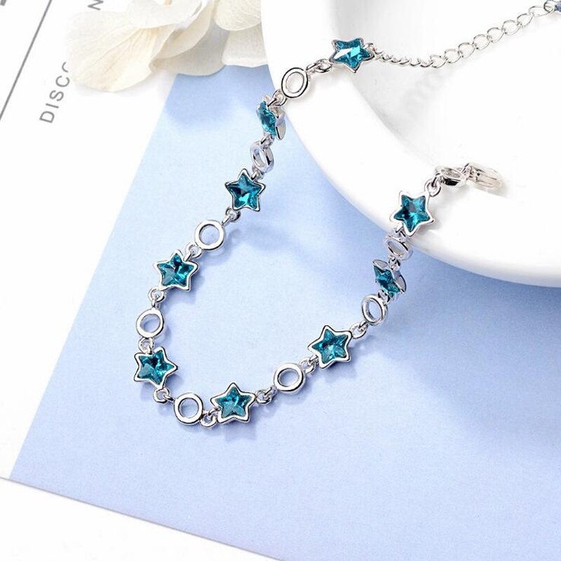 Victoria's Vogue 100% Original 925 Sterling Silver Blue Crystal Stars Chain Bracelet Sweet Pentagram Charms Bracelet For Women