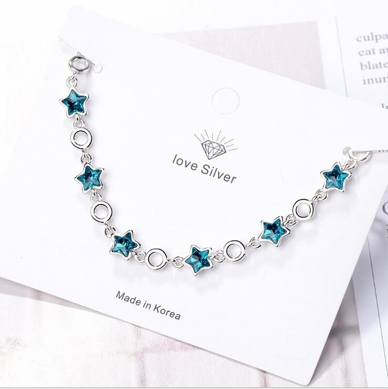 Victoria's Vogue 100% Original 925 Sterling Silver Blue Crystal Stars Chain Bracelet Sweet Pentagram Charms Bracelet For Women