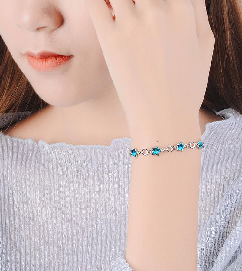 Victoria's Vogue 100% Original 925 Sterling Silver Blue Crystal Stars Chain Bracelet Sweet Pentagram Charms Bracelet For Women