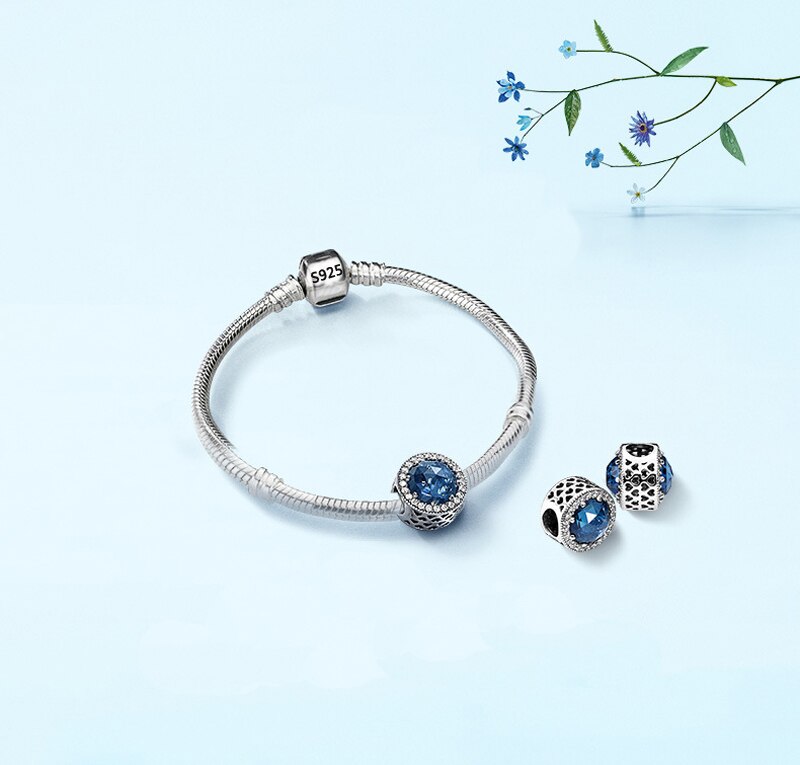 Victoria's Vogue 100% Original 925 Sterling Silver Charm Bracelet With Blue Crystal Beads Bracelet For Women Gift Wedding Jewelry