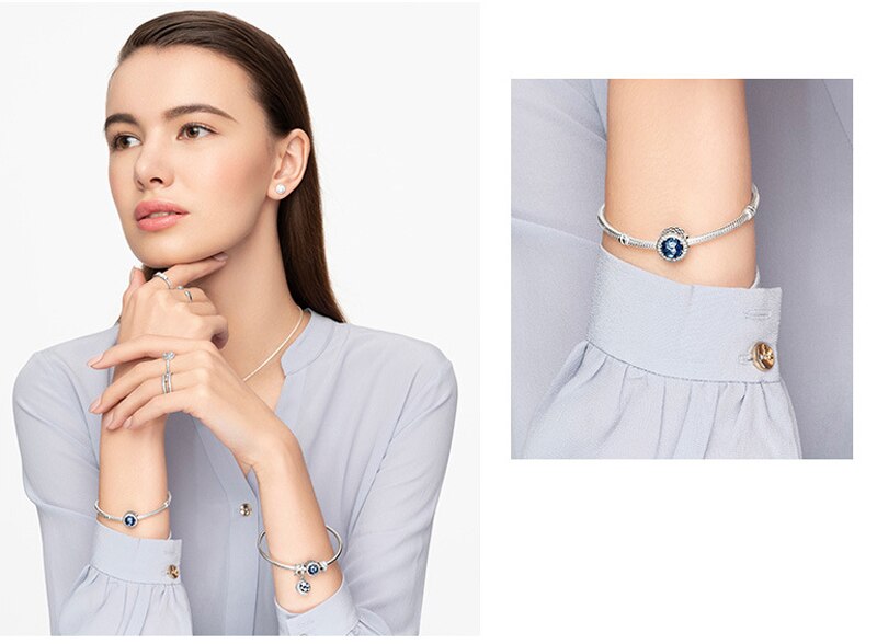 Victoria's Vogue 100% Original 925 Sterling Silver Charm Bracelet With Blue Crystal Beads Bracelet For Women Gift Wedding Jewelry