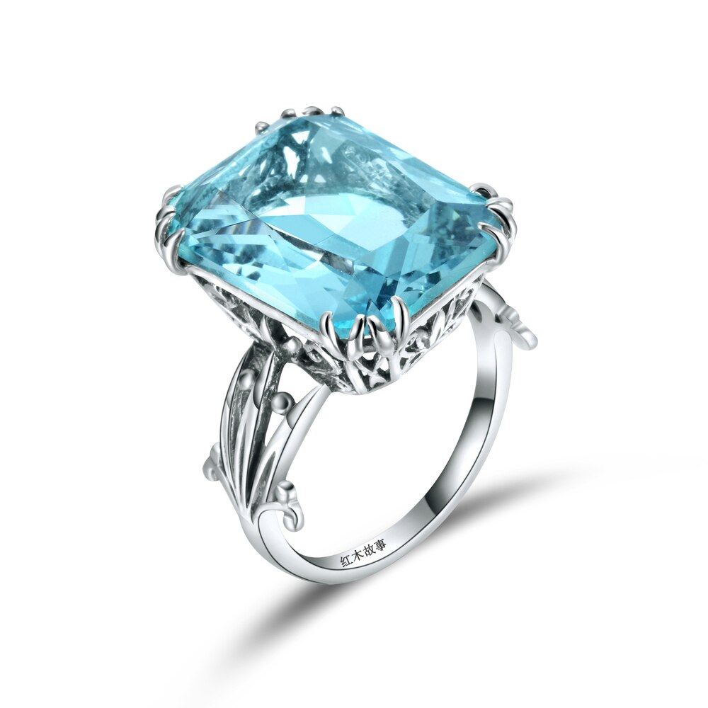 Victoria's Vogue Luxury Square Charms Handmade Vintage Women's 925 Sterling Silver Birthstones Sky Blue Crystal Wedding Ring Brand Jewelry