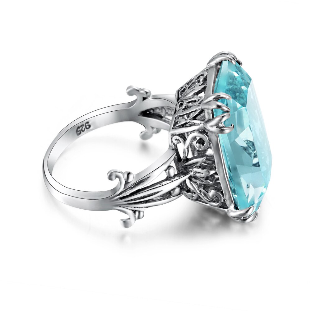 Victoria's Vogue Luxury Square Charms Handmade Vintage Women's 925 Sterling Silver Birthstones Sky Blue Crystal Wedding Ring Brand Jewelry